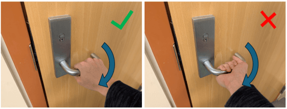 Figure 2: Task-compatibility for grasps. Even though a grasp may be stable, it may not be compatible with the downstream task. With a firm right hand underhand grip on the door handle (right), it beco